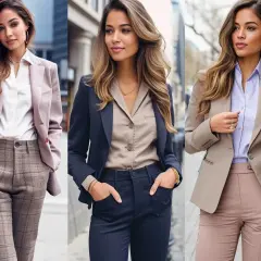 Trzy kobiety prezentują styl smart casual: w różowej marynarce i kratowanych spodniach, granatowym komplecie oraz beżowej marynarce z pudrowymi spodniami.