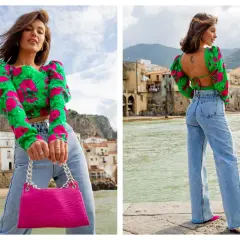 Włoski styl: crop top w kwiaty, jeansy z wysokim stanem i fuksjowa torebka. Tak ubierają się włoszki, czując się swobodnie i stylowo nad morzem.