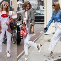 Inspiracje: co ubrać do białych spodni. Trzy kobiety prezentują różne stylizacje z białymi spodniami: casual z kurtką i t-shirtem, elegancką z marynarką i torebką, oraz modną z błękitną bluzką i wzorzystymi butami.