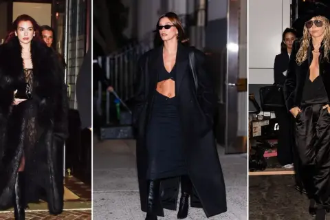 Trzy kobiety w czarnych, eleganckich stylizacjach, każda z nich to uosobienie stylu mob wife.