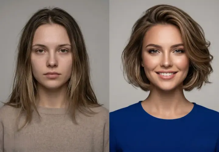 Przed i po: naturalna dziewczyna z rozpuszczonymi włosami i uśmiechnięta kobieta z krótkimi, **włosy zaczesane do tyłu damskie**, w eleganckiej sukience.