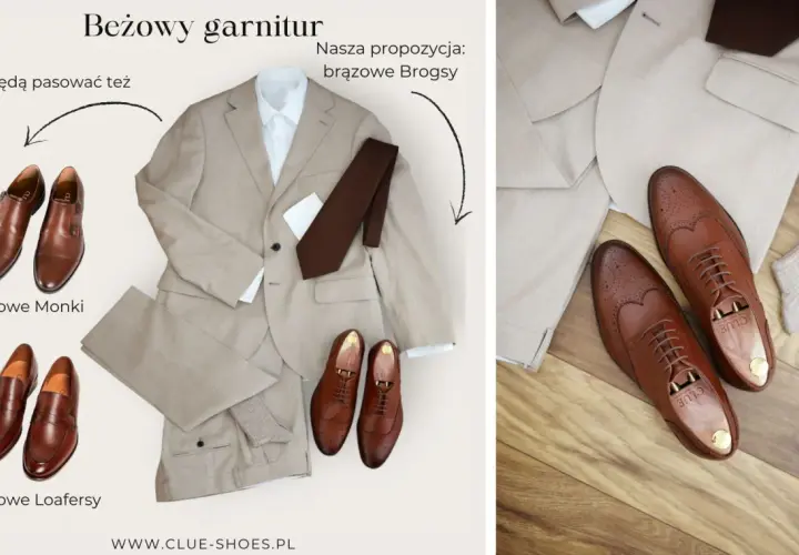 Beżowy garnitur i różne propozycje brązowych butów: Monki, Loafersy i Brogsy. Idealne buty do beżowego garnituru.