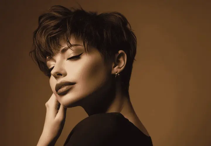 Kobieta z modnym pixie cut, z zamkniętymi oczami i dłonią przy policzku, w sepii.