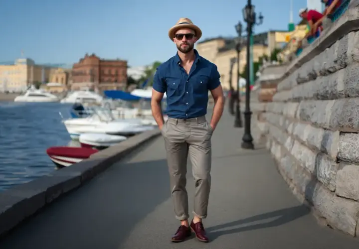 Elegancki mężczyzna w beżowym kapeluszu i okularach przeciwsłonecznych, w granatowej koszuli i szarych chinosach. Idealne buty do chinosów to ciemnobordowe oksfordy.
