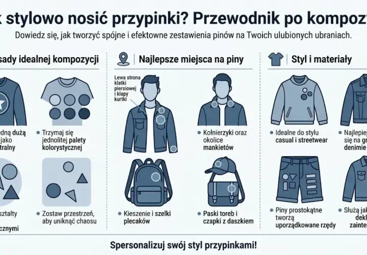 Ilustracja pokazuje, jak stylowo nosić przypinki, tworząc kompozycje na ubraniach. Porady dotyczące kompozycji, miejsc na przypinki, stylu i materiałów. Monogram jako element stylizacji.