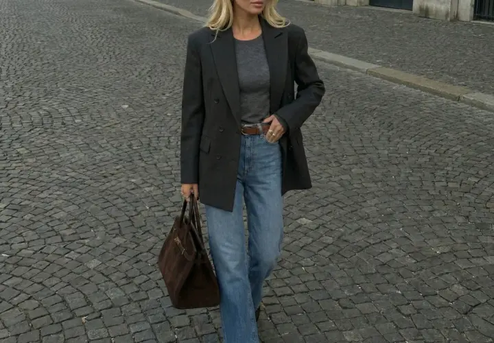 Elegancka stylizacja: szary longsleeve, jeansy, marynarka i brązowa torebka. Idealny zestaw na co dzień.