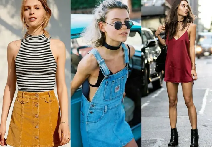 Trzy kobiety w stylizacjach inspirowanych modą lat 90 w Polsce: w sztruksowej spódniczce, ogrodniczkach i satynowej sukience.