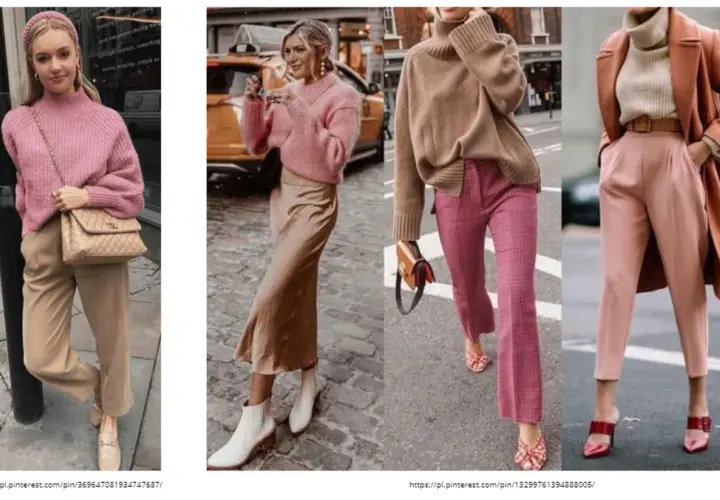 Stylizacje w odcieniach różu i beżu, inspirowane **kolorami ziemi**. Miękkie swetry, satynowe spódnice i eleganckie spodnie tworzą przytulny, jesienny look.