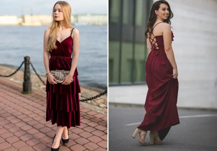 Dwie kobiety w bordowych sukienkach. Jedna w welurowej midi z czarnymi szpilkami, druga w długiej z gorsetowym tyłem i beżowymi sandałkami. Jakie buty do bordowej sukienki? Oto inspiracje.