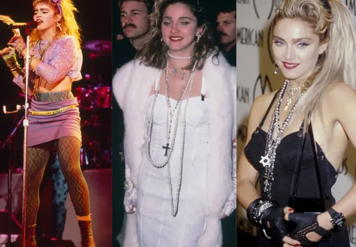 Madonna w stylizacjach z lat 80.: fioletowa spódniczka, koronkowy top, białe futro i czarna sukienka z mnóstwem biżuterii.