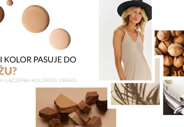 Kremowe krople podkładu, modelka w beżowej sukience, orzechy i fragment białego auta. Jak wygląda kolor beżowy?