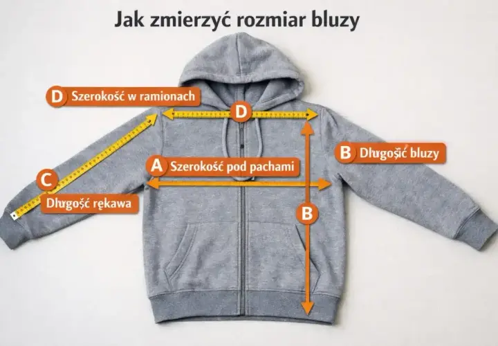 Szara bluza z kapturem. Miarka pokazuje, jak zmierzyć szerokość pod pachami (A), długość bluzy (B), długość rękawa (C) i szerokość w ramionach (D).