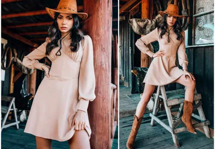 Kobieta w kapeluszu kowbojskim i beżowej sukience prezentuje stylizacje w stylu country. Uzupełniają je brązowe kowbojki.