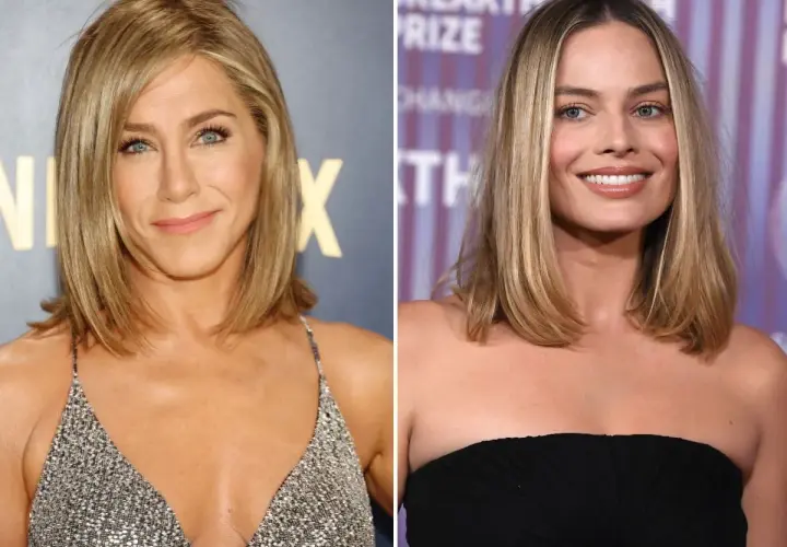 Jennifer Aniston i Margot Robbie z włosami do ramion, proste cięcie. Obie aktorki prezentują elegancki styl.