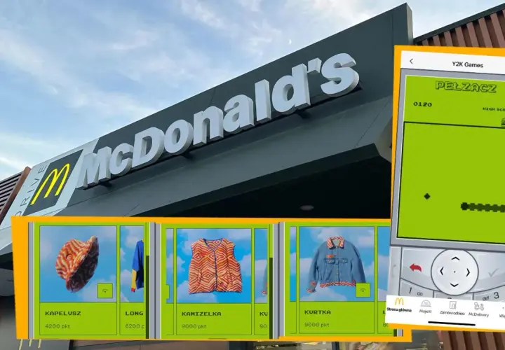 McDonald's z ofertą ubrań w stylu Y2K. Na ekranie telefonu gra "Pełzacz", a obok wirtualne przedmioty: kapelusz, long, kamizelka i kurtka.