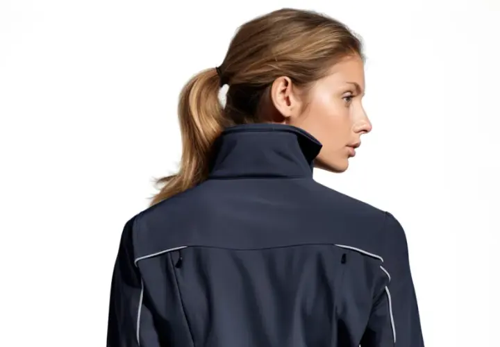 Kobieta w granatowej kurtce softshell, idealnej na zmienną pogodę. Dowiedz się, softshell co to znaczy.