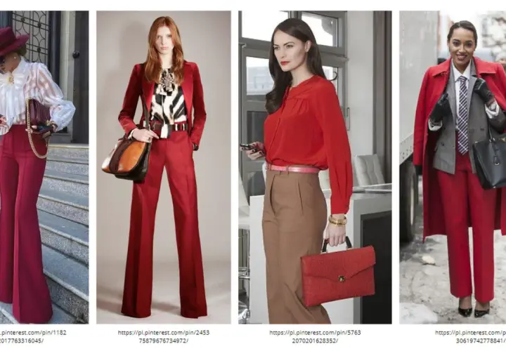 Kobiety w stylizacjach z dominującym karmazynowym kolorem. Eleganckie spodnie i marynarki w odcieniach czerwieni.