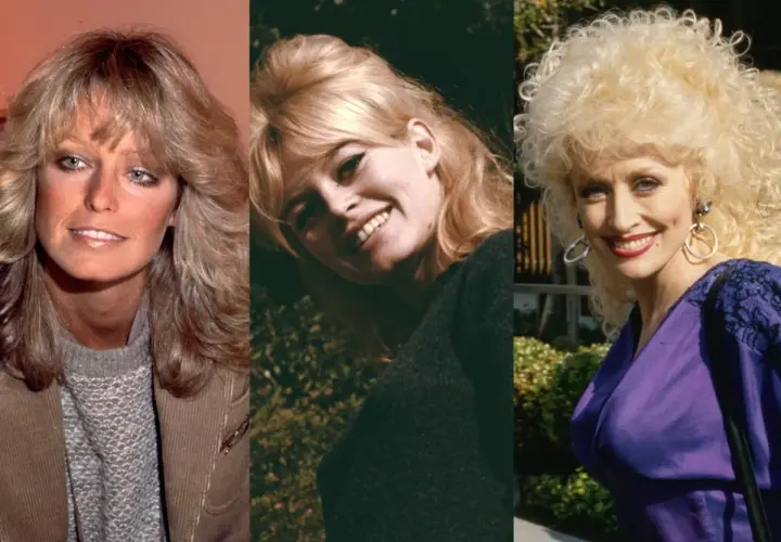 Ikony stylu z lat 80. z bujnymi fryzurami: Farrah Fawcett, Brigitte Bardot i Dolly Parton.