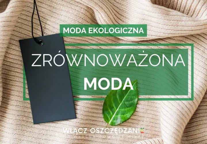 Ekologiczne tekstylia co to? Zrównoważona moda, zielony liść i czarna metka na beżowym swetrze.