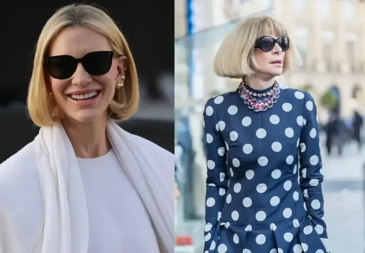 Dwie kobiety w eleganckich stylizacjach. Jedna w białej kreacji, druga w granatowej sukience w grochy. Obie mają modną francuski bob fryzurę.