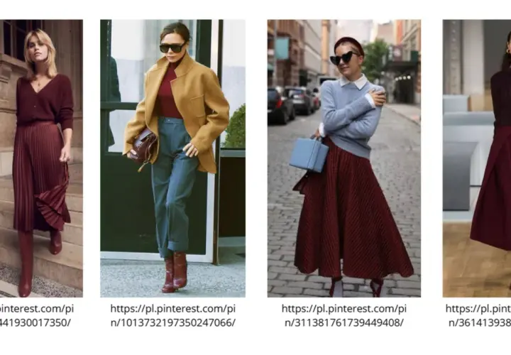 Eleganckie stylizacje w odcieniach bordo: plisowana spódnica, sweter i płaszcz.