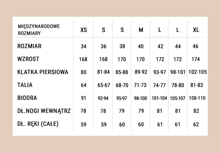Tabela rozmiarów odzieży. Zwróć uwagę na zaniżoną rozmiarówkę, rozmiar 34 odpowiada XS, a 46 XL.