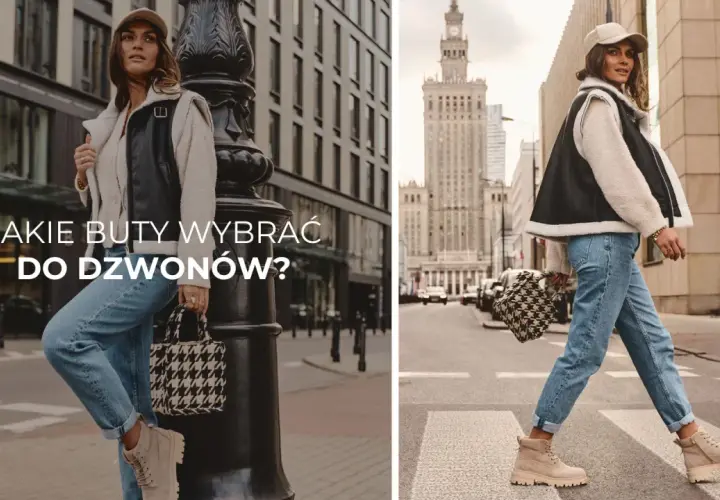 Kobieta w dzwonach i beżowych traperach, z torbą w pepitkę. Jakie buty do dzwonów? Stylizacja miejska.