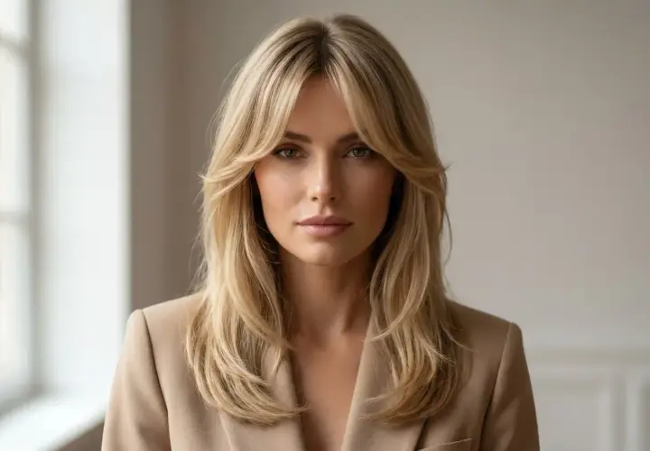 Blondynka w beżowej marynarce z idealnie ułożoną grzywką, która nadaje jej twarzy subtelności. Dowiedz się, jak obciąć grzywkę żeby się dobrze układała.