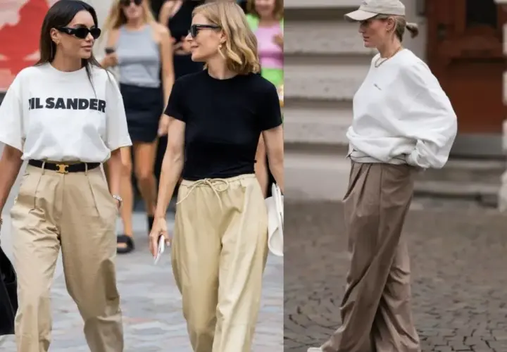Kobieca inspiracja: jakie buty do beżowych spodni? Sneakersy i eleganckie sandały świetnie komponują się z luźnymi, beżowymi spodniami.