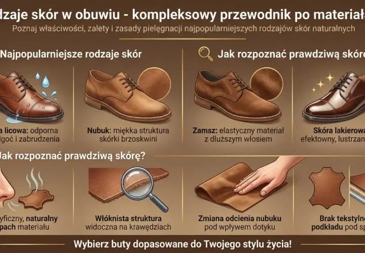 Przewodnik po rodzajach skór na cholewki obuwia: licowa, nubuk, zamsz, lakierowana. Ilustracje pokazują ich cechy i jak rozpoznać naturalną skórę.