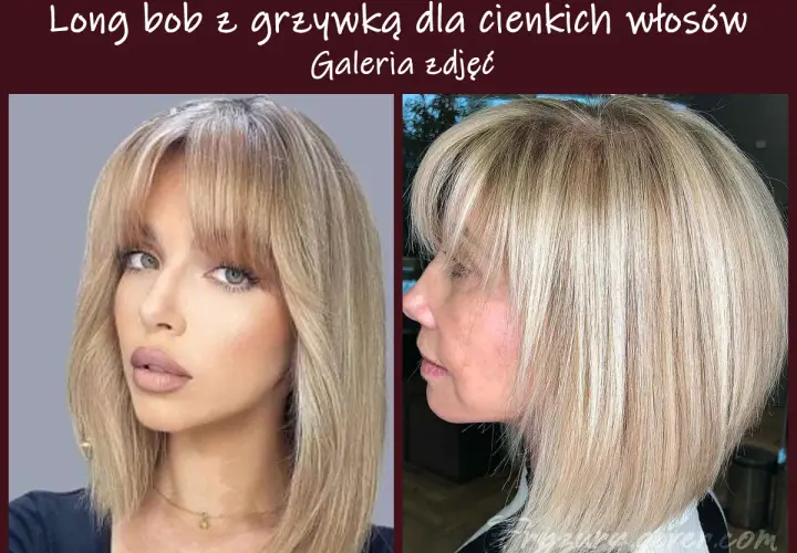 Dwie kobiety prezentują modną fryzurę: long bob z grzywką na boki, idealną dla cienkich włosów.