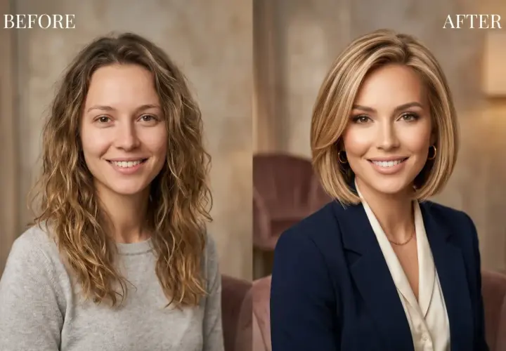 Przed i po: metamorfoza z kręconych włosów w elegancką fryzurę long bob.