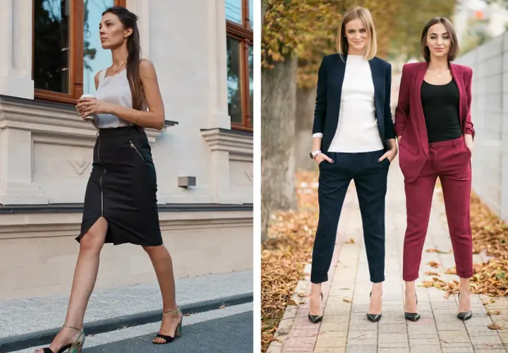 Eleganckie stylizacje dla kobiet: jak się ubrać na imprezę firmową. Spódnica ołówkowa i garnitury w ciemnych kolorach.