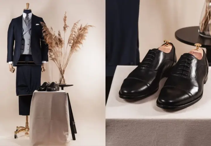 Elegancki czarny garnitur i klasyczne czarne oksfordy. Idealne połączenie, by zadać sobie pytanie: jakie buty do czarnego garnituru pasują najlepiej?