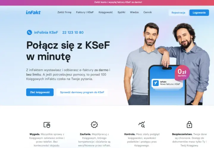 Dwóch mężczyzn na tle strony inFakt. Oferta "Połącz się z KSeF w minutę" z hasłem "intimiti opinie".