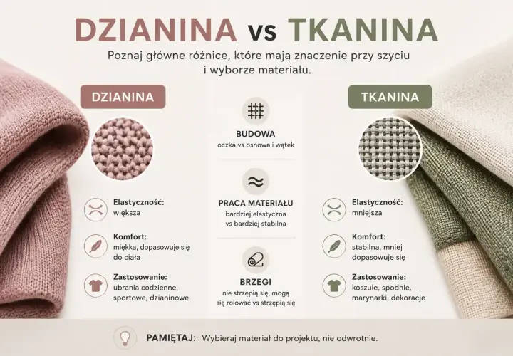 Porównanie dzianiny i tkaniny: budowa, elastyczność, komfort i zastosowanie. Dzianina jest miękka i elastyczna, tkanina stabilna.