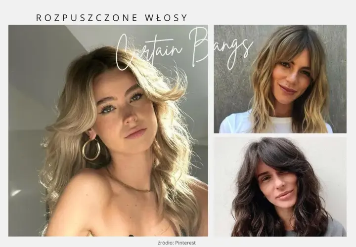 Trzy kobiety z rozpuszczonymi włosami i delikatną grzywką typu "curtain bangs".
