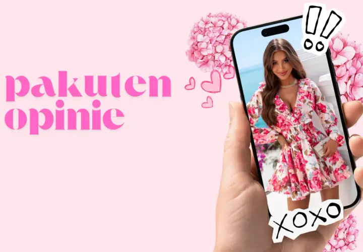 Różowa sukienka w kwiaty na ekranie telefonu, obok napis "pakuten opinie".