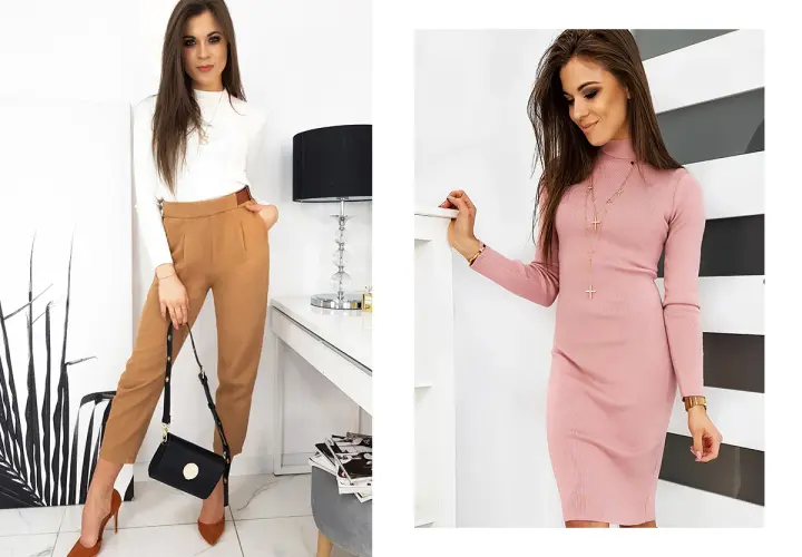 Kobieta o figurze klepsydry w eleganckich stylizacjach: biały golf i brązowe spodnie lub różowa sukienka.