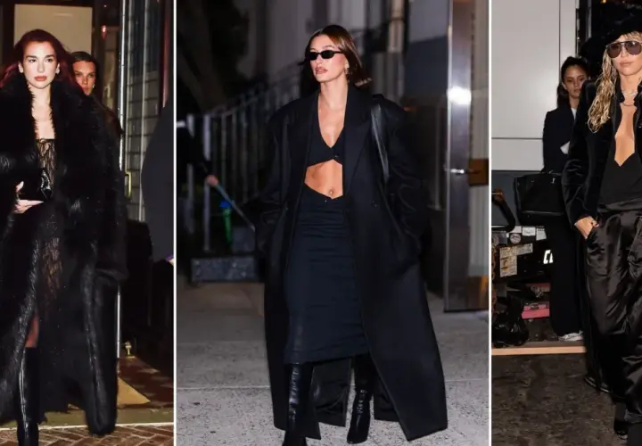 Trzy kobiety w czarnych, eleganckich stylizacjach, każda z nich to uosobienie stylu mob wife.