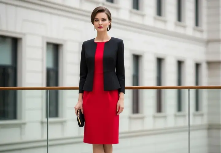 Elegancka kobieta w czerwonej sukience i czarnym żakiecie, idealny zestaw jaki żakiet do czerwonej sukienki na wesele.