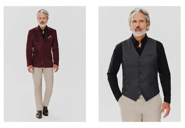 Elegancki mężczyzna w bordowym dwurzędowym garniturze i beżowych spodniach. W drugim kadrze w szarej kamizelce. To jest właśnie **slim fit co to znaczy** – dopasowany krój.
