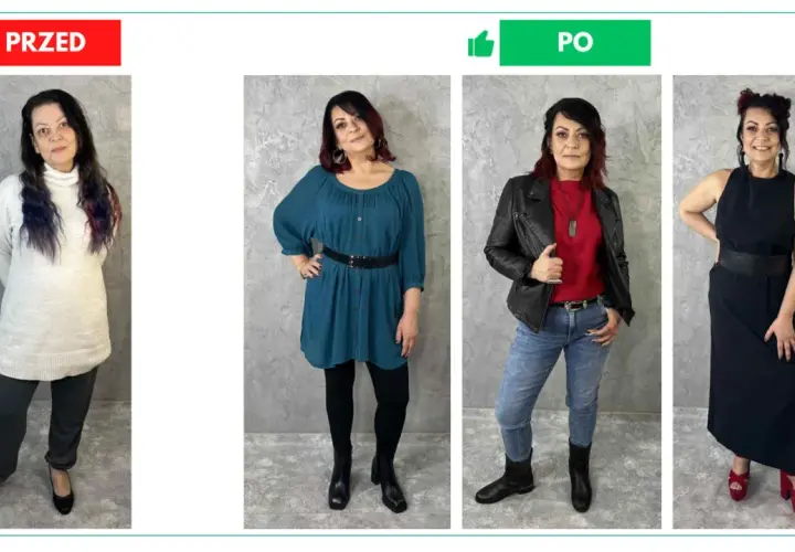 Kobieta o krępej budowie ciała prezentuje cztery stylizacje: luźny sweter i dresy, turkusową sukienkę z paskiem, ramoneskę z czerwoną bluzką i jeansy oraz czarną sukienkę maxi.