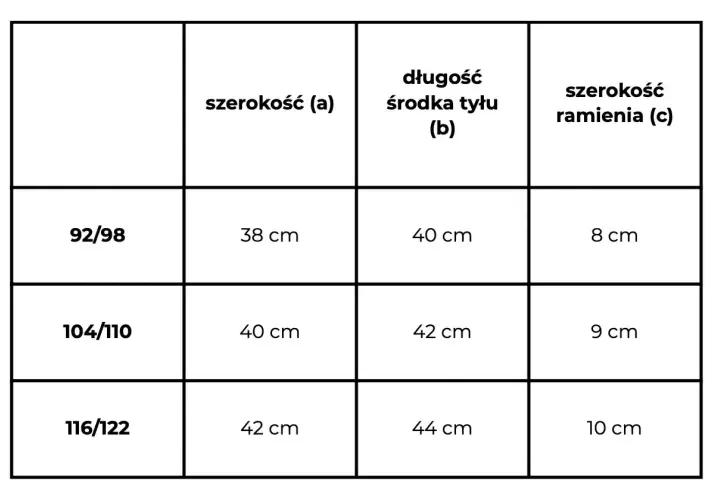 Tabela rozmiarów: rozmiar M (92/98) ma szerokość 38 cm, długość 40 cm, a szerokość ramienia 8 cm.