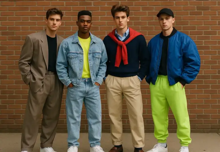Czterech młodych mężczyzn prezentuje stylizacje w klimacie moda męska lata 80.: garnitur, jeans, sweter z krawatem i bomberka z neonowymi spodniami.