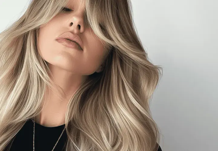 Kobieta z falowanymi blond włosami i stylową, cieniowaną grzywką. Delikatne światło podkreśla jej urodę.