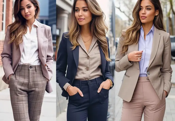 Trzy kobiety prezentują styl smart casual: w różowej marynarce i kratowanych spodniach, granatowym komplecie oraz beżowej marynarce z pudrowymi spodniami.