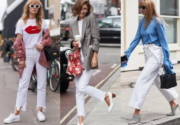 Inspiracje: co ubrać do białych spodni. Trzy kobiety prezentują różne stylizacje z białymi spodniami: casual z kurtką i t-shirtem, elegancką z marynarką i torebką, oraz modną z błękitną bluzką i wzorzystymi butami.