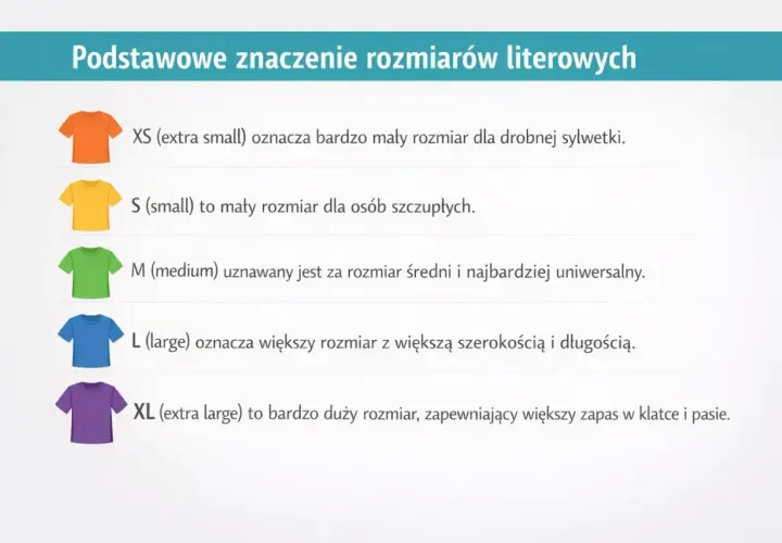 Tabela rozmiarów: XS (extra small) dla drobnej sylwetki, S dla szczupłych, M uniwersalny, L większy, XL bardzo duży.