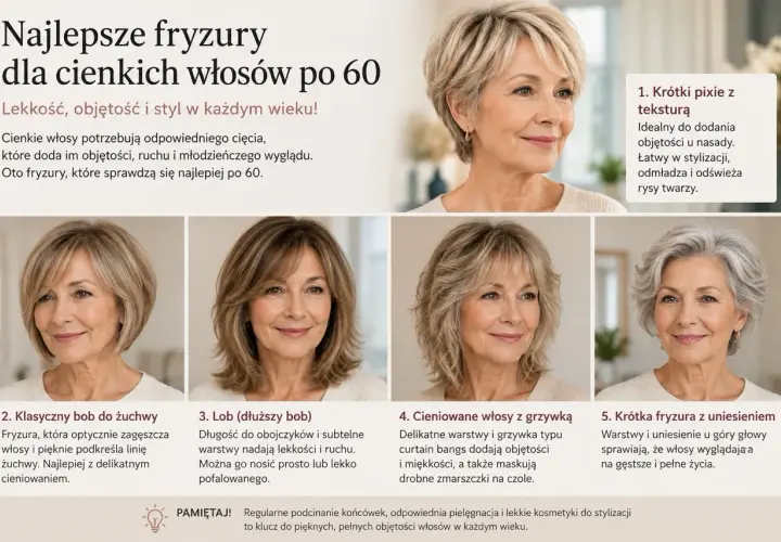 Pięć inspirujących fryzur dla bardzo cienkich włosów po 60. roku życia, dodających objętości i lekkości.